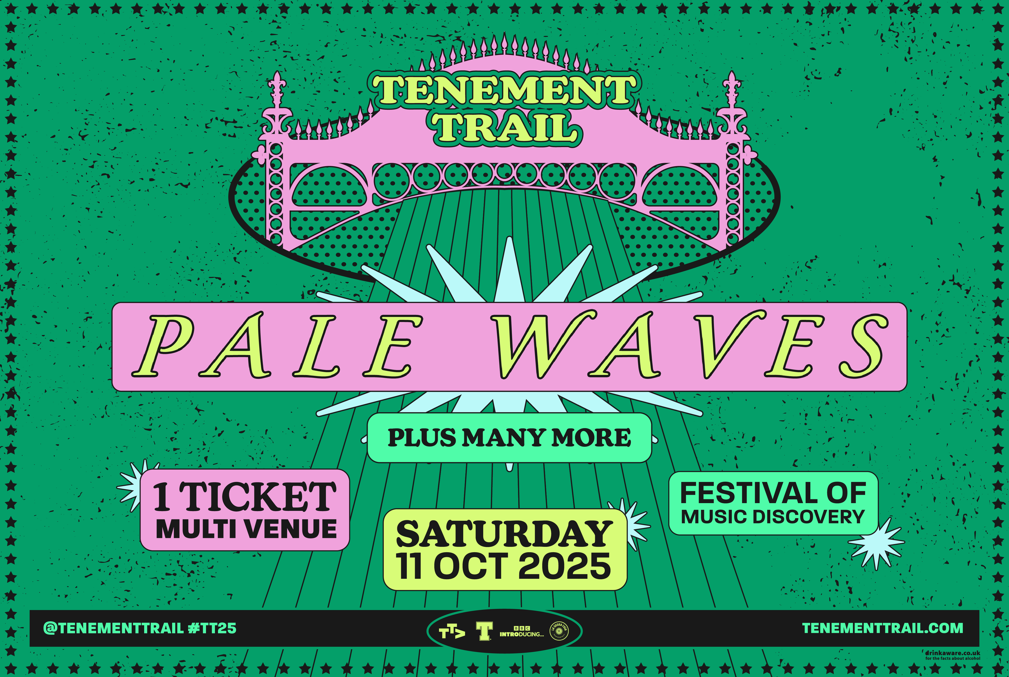 Colorful promotional poster for "Tenement Trail" music festival, featuring a stylized bridge illustration with pink and green tones. The headline act "Pale Waves" is displayed prominently in large pink text.