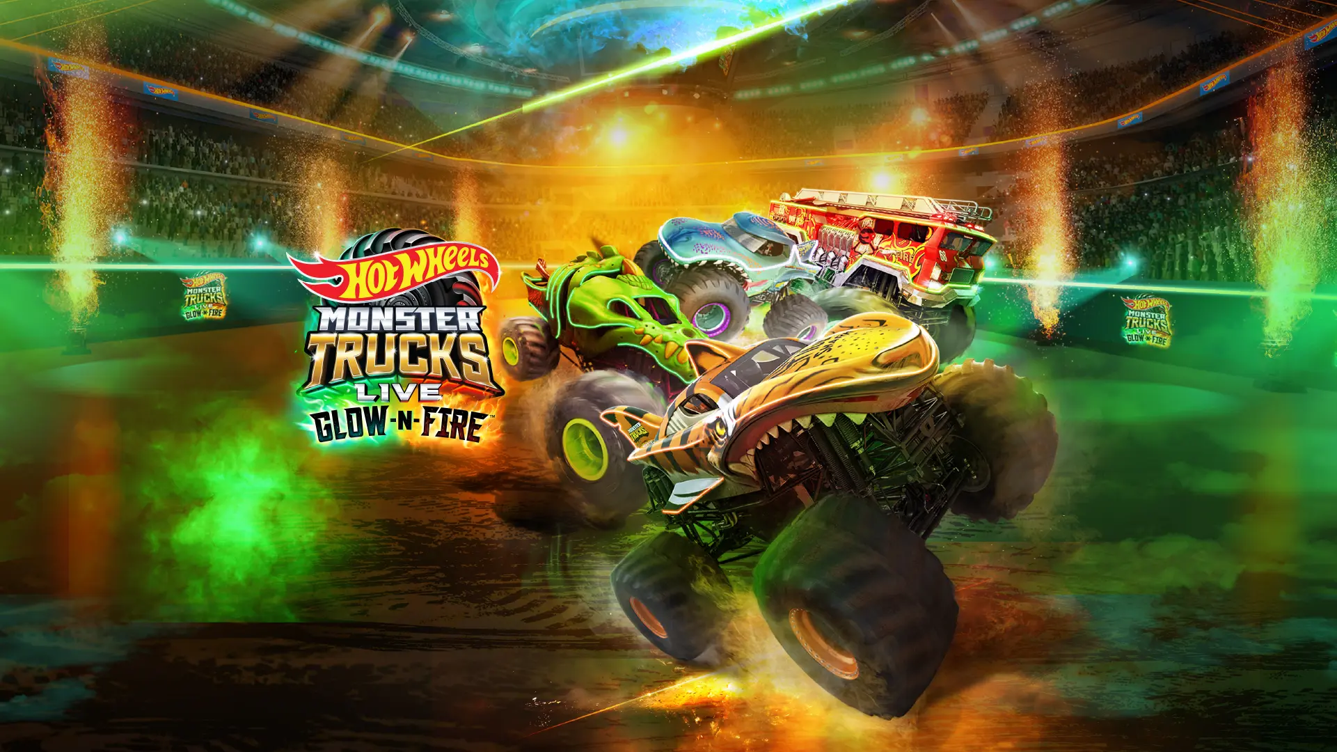 four monster trucks in an arena skidding around with fire and glowing green and orange orbs, there are lasers and a crown of people cheering.