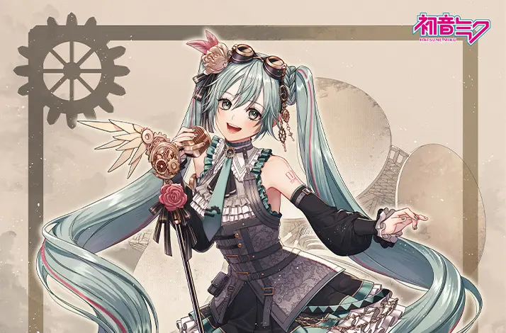 Afbeelding van virtuele popster Hatsune Miku. Ze heeft lang turquoise haar in twee staarten. Ze draagt een zwart jurkje, hoge laarzen en accessoires met tandwielen. In haar hand houdt ze een microfoonstandaard. De achtergrond bevat industriële elementen.