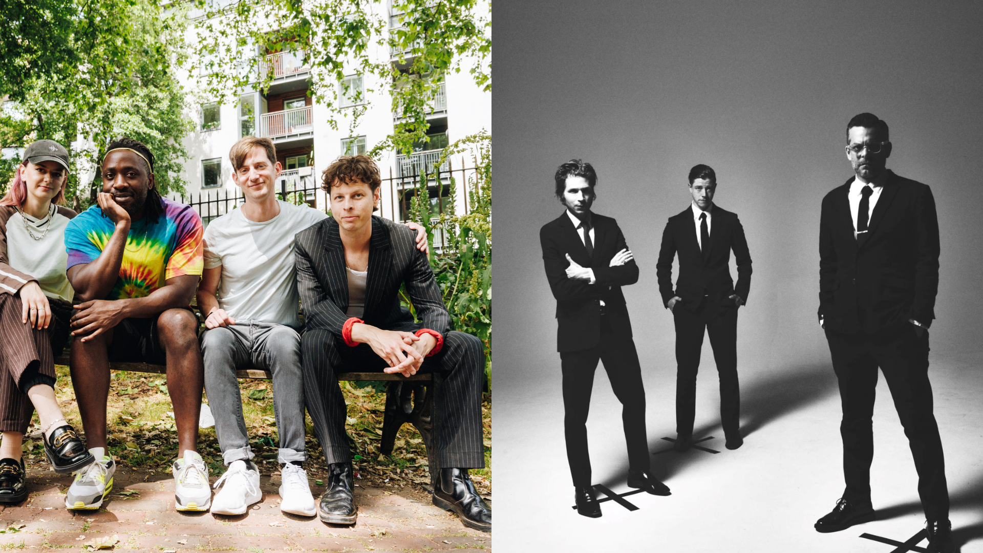 Kombiniertes Foto wo auf der linken Seite Bloc Party und auf der rechten Seite Interpol zu sehen sind.