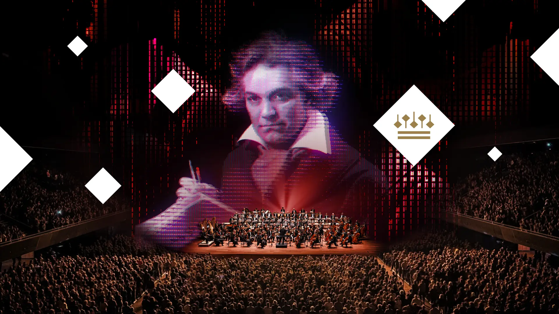 Beethoven afgebeeld in een digitale projectie boven het Concertgebouworkest.
