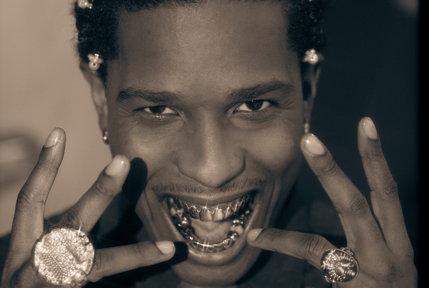 A$AP Rocky close up in black and white