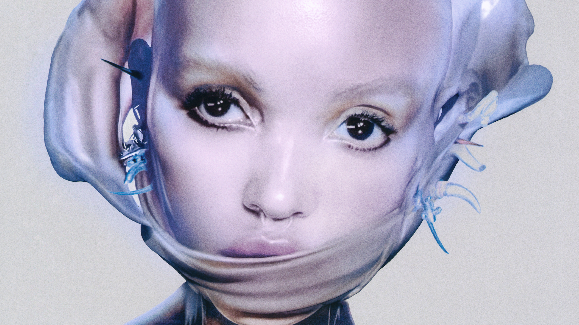 Een surrealistisch, futuristisch portret van een persoon met een glanzend hoofd, grote ogen en organische, schelpachtige vormen rond het gezicht.