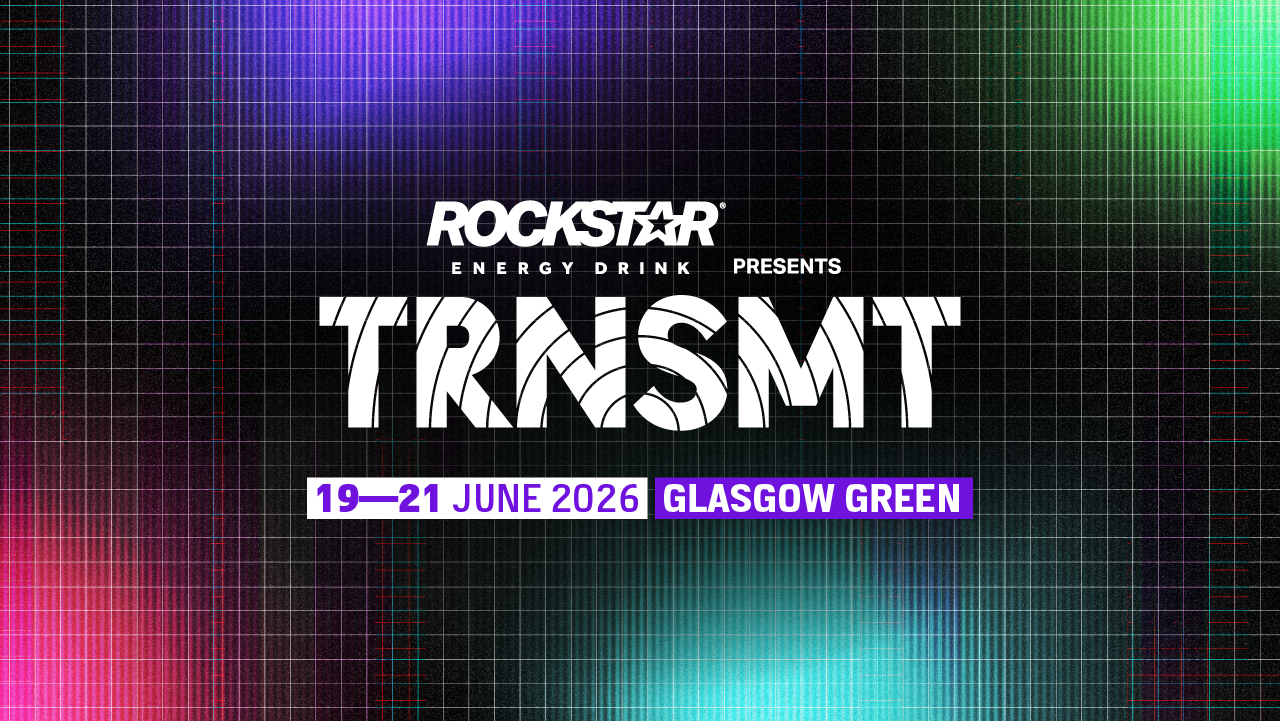 Black background with bursts of colour and the logo for Rockstar Energy presents TRNSMT with 19-21st June and Glasgow Green in white text.